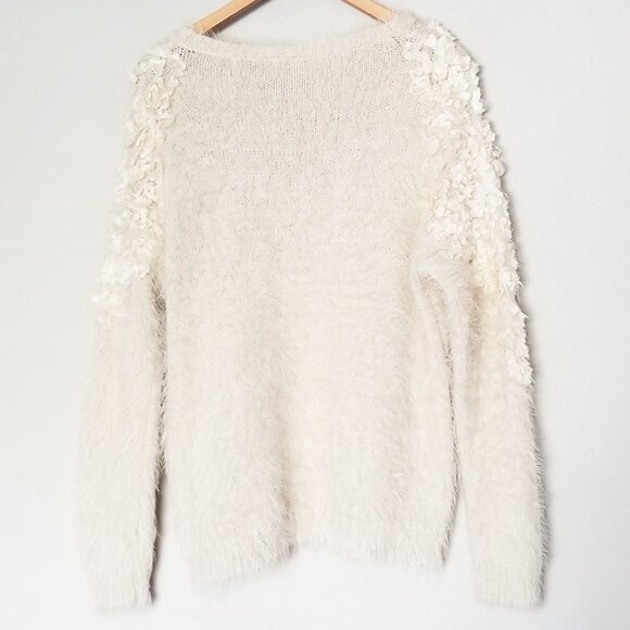 Anthropologie Moth Audrette Eyelash Sweater Pullover 3D Floral Applique Cream L - Picture 7 of 16